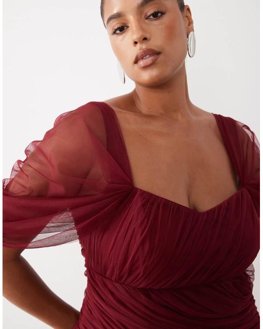 Lace & Beads Plus Red Tulle Fallen Shoulder Asymmetric Ruffle Detailing Maxi Dress