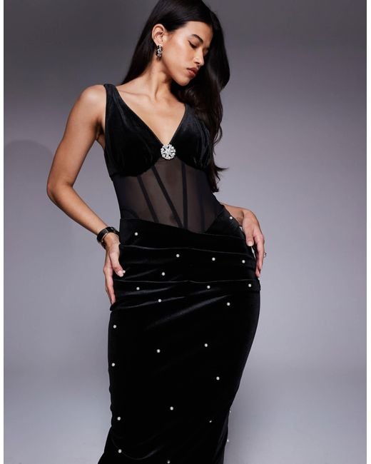 ASOS Blue Velvet Midi Dress With Sheer Corset And Pearl Details