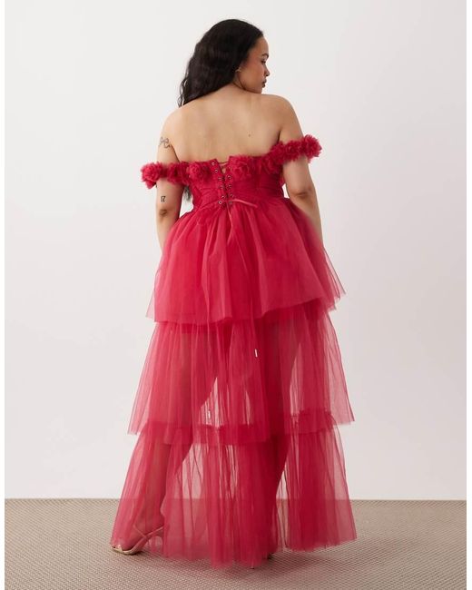 Lace & Beads Plus Red Tulle Bardot Corsage Detail Corset Maxi Dress