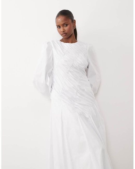DASKA White Asymmetric Ruched Balloon Sleeve Maxi Dress