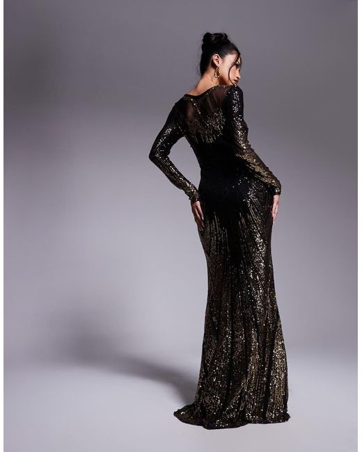 Goddiva Black Long Sleeve Aztec Sequin Maxi Dress