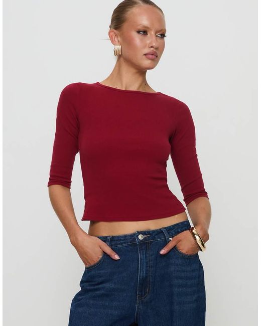 Princess Polly Red Elaia Cotton Rich Slash Neck 3/Sleeve Top