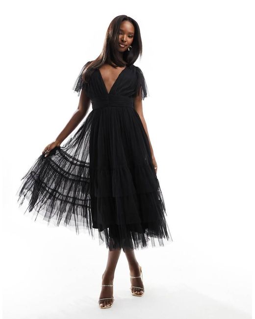 LACE & BEADS Black Bridesmaid Madison V Neck Tulle Midi Dress