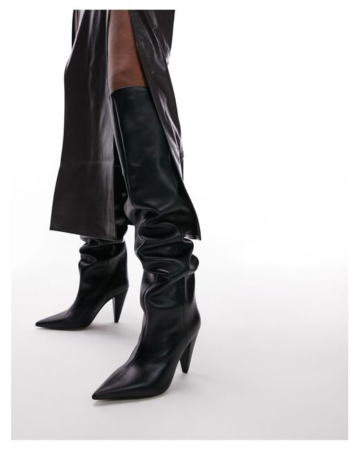 TOPSHOP Black Tabitha Premium Leather Cone Heel Knee High Boot