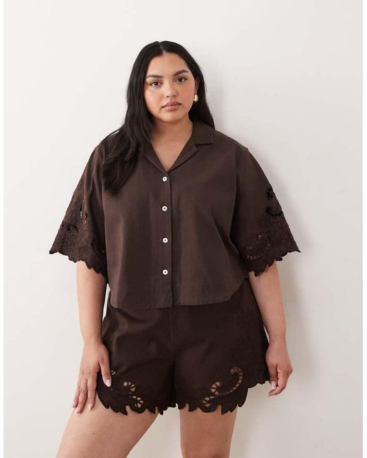 ASOS Brown Asos Design Curve Denim Short Sleeve Shirt With Cutwork Detail