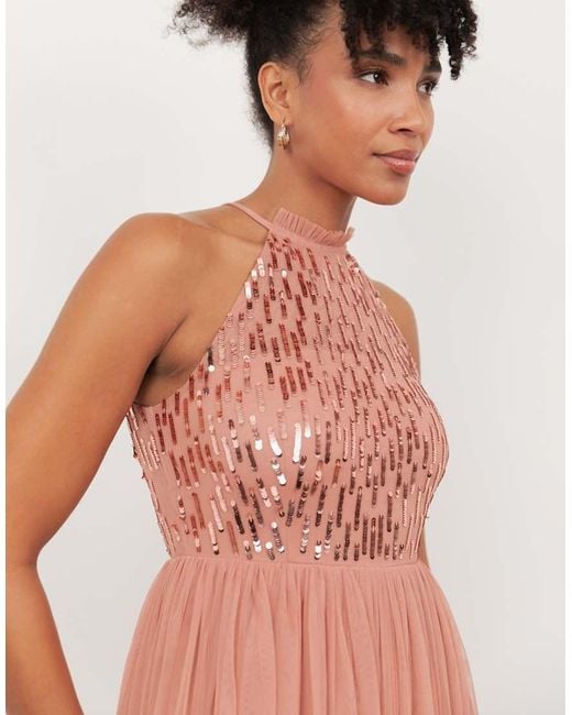 Maya Pink Linear Embellished Halter Neck Maxi Dress
