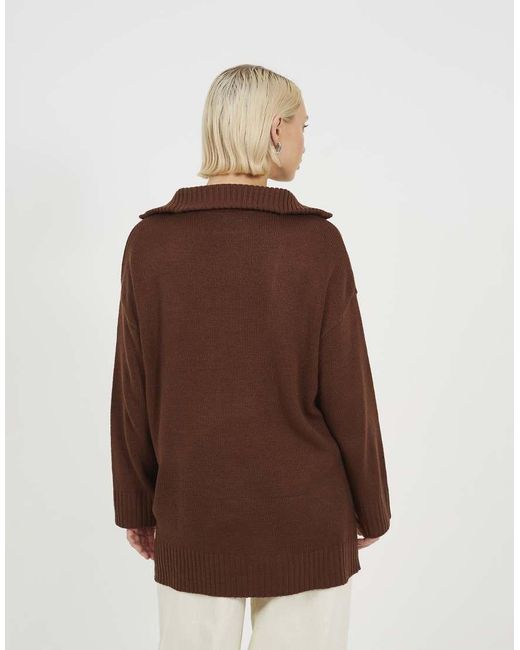 Brave Soul Brown Oversized 1/2 Zip Knitted Jumper