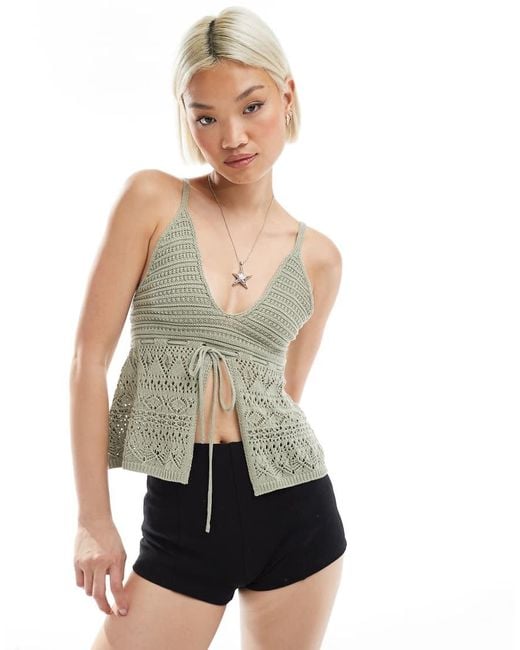 Bershka Green Tie Front Crochet Top