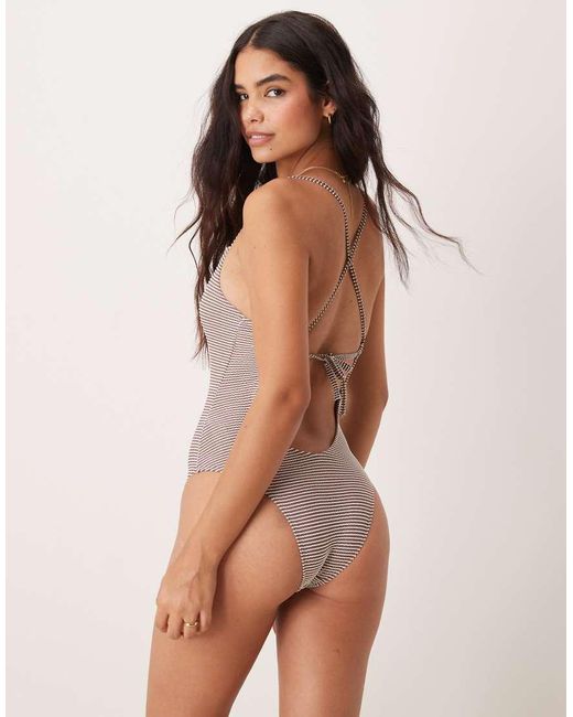 Free Society Brown Stripe Crinkle Plunge Swimsuit