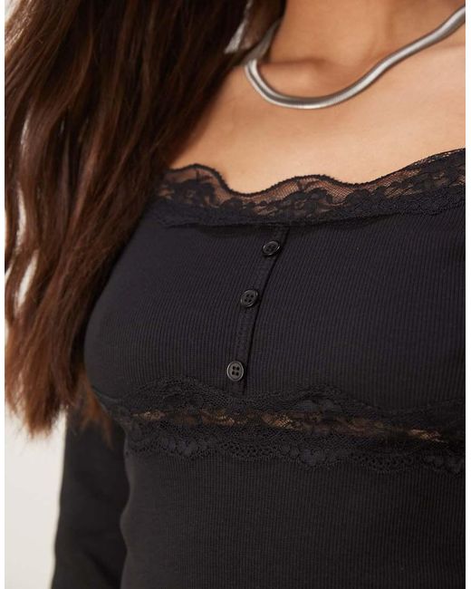 ASOS Black Ribbed Long Sleeve Top With Lace And Button Detail