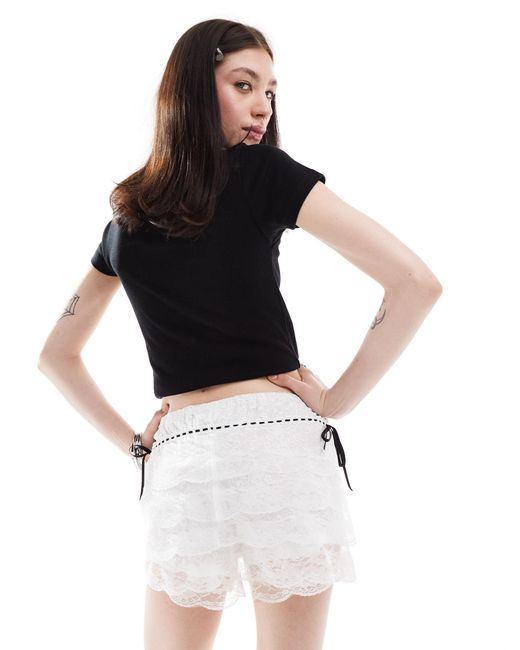 Daisy Street Layered Lace Bloomer Shorts With Black Ribbon