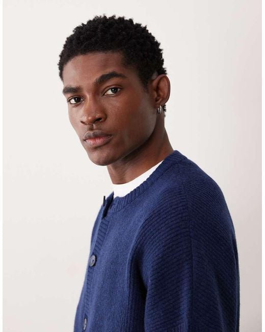 ASOS Blue Oversized Knit Fisherman Rib Wool Blend Crew Neck Cardigan for men