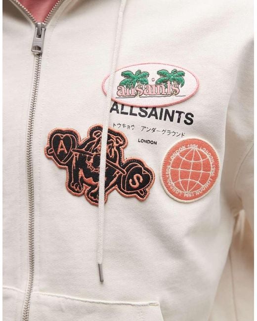 AllSaints Natural Patcher Patcher Zip Through Embroidered Logo Hoodie for men