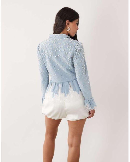 ASOS Blue Peplum Denim Corset Shirt With Lace And Pearl Detail