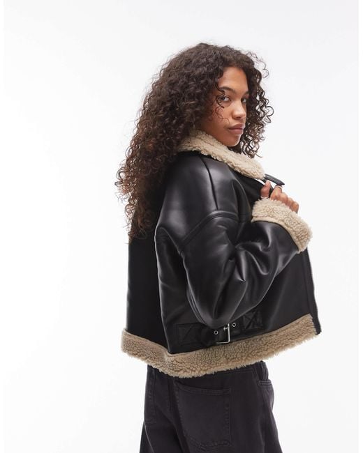 TOPSHOP Black Faux Leather Shearling Fitted Aviator Jacket