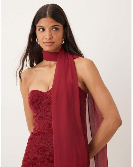 Six Stories Red Velvet Lace Corset Bandeau Maxi Dress With Neck Scarf