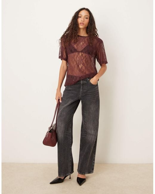 ASOS Red Lace Boxy Sheer Tee With Shoulder Pads