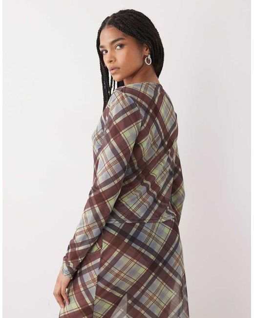 Collusion Brown Long Sleeve Mesh Button Through Top