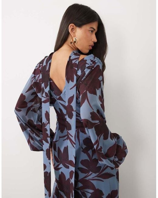 Pretty Lavish Blue Chiffon V Neck Scarf Detail Draped Batwing Sleeve Maxi Dress