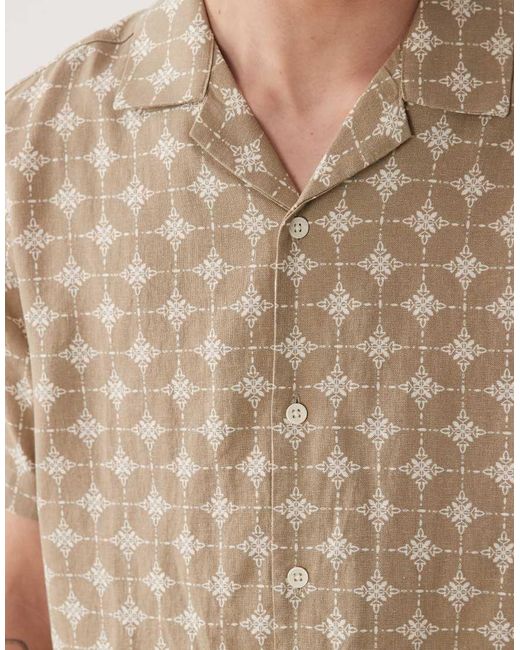 ASOS Natural Regular Fit Camp Collar Linen Blend Shirt With Geo Print for men