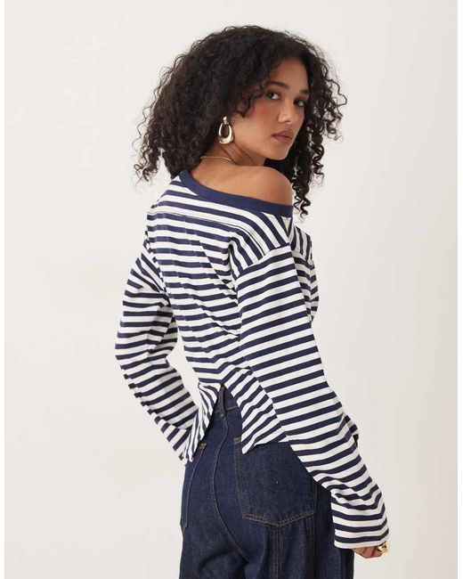 ASOS Blue Long Sleeve Off Shoulder Corset Waist Tee