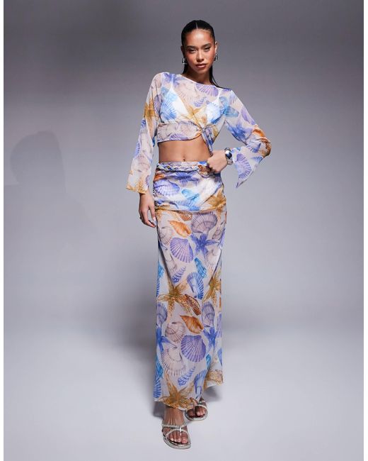 ASOS Blue – chiffon-maxirock mit muschelmuster, kombiteil
