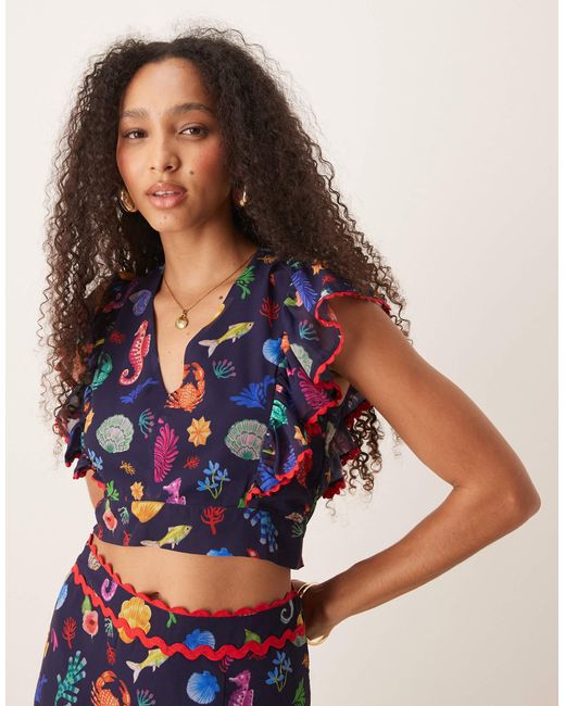Hope & Ivy Blue Ruffle Sleeve Tie Back Cropped Top Co-Ord