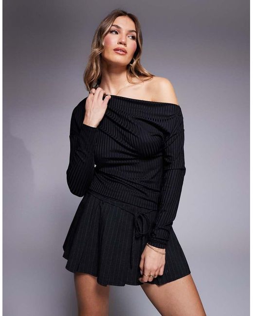 ASOS Geribbelde Top Met Lange Mouwen En Blote Schouders in het Black