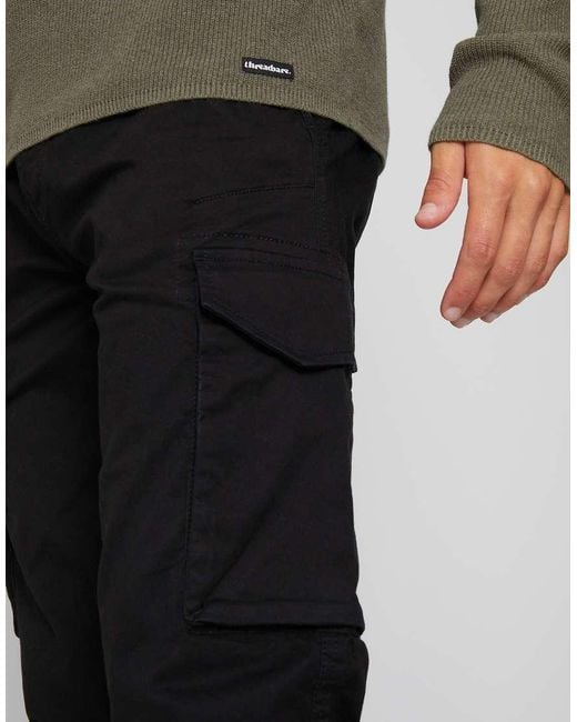 Threadbare Black Cotton Cargo Trousers With Stretch for men