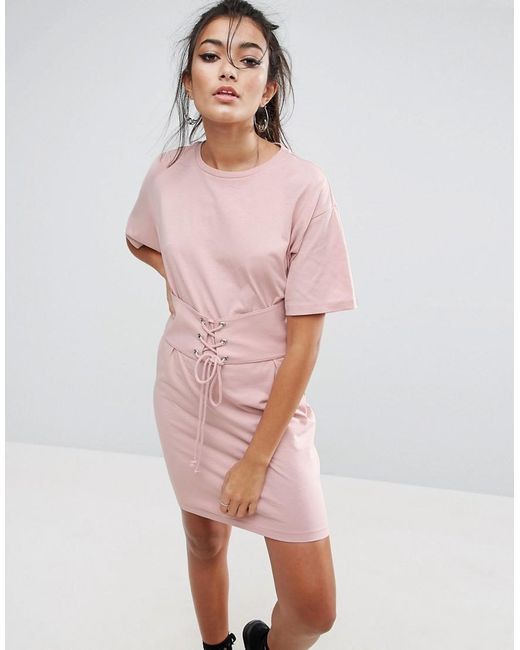 Asos Corset Detail T-shirt Dress in Pink | Lyst
