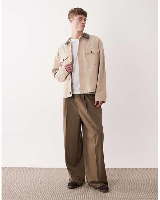 ASOS Natural Oversized Cotton Textured Harrington With Faux Leather Collar for men