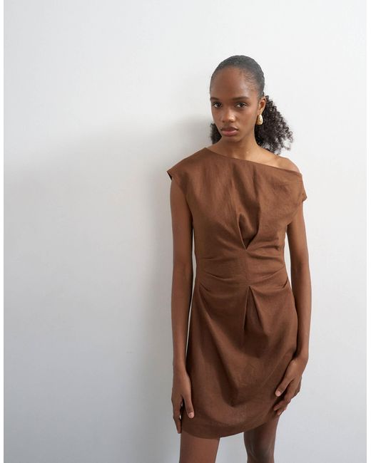 TOPSHOP Linen Rich Fallen Shoulder Mini Dress With Tucked Waist in Brown |  Lyst