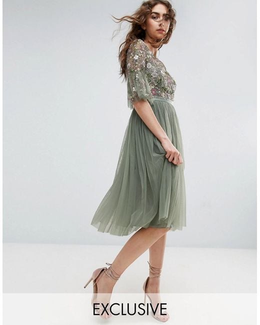 Needle & Thread Green Needle And Thread Ruffle Sleeve Midi Dress With Floral Embroidery