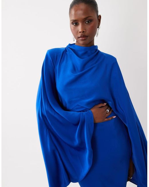 ASOS Blue Funnel Neck Satin Maxi Dress With exaggerated Sleeves