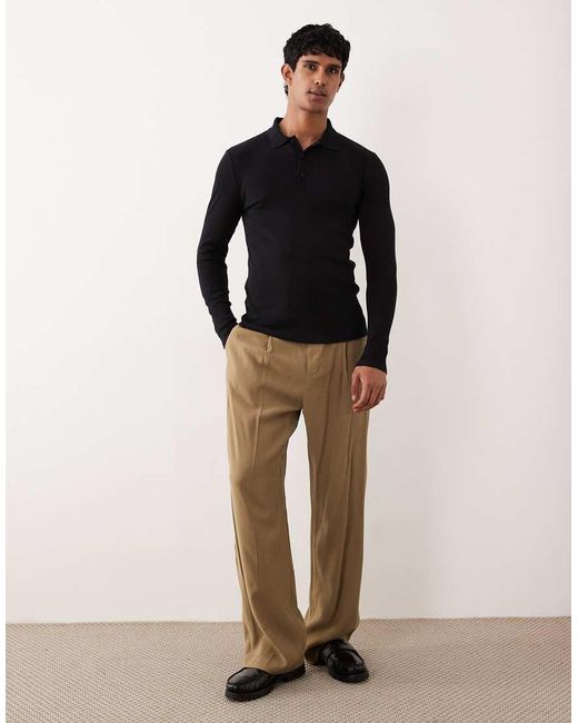 ASOS Black Muscle Fit Long Sleeve Heavyweight Polo for men