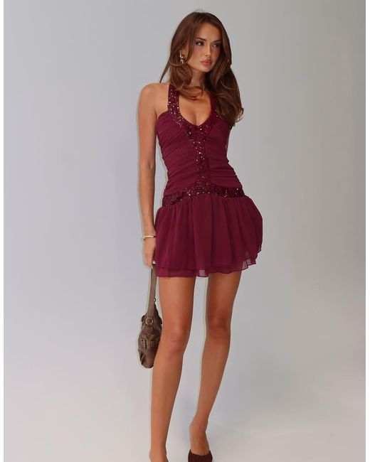 Princess Polly Aisleigh Mesh Overlay Sequin Detail Halterneck Shirred Detail Mini Dress