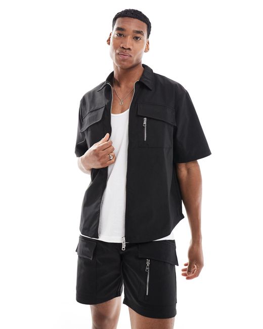 The Couture Club Black Co-ord Nylon Zip Through Utility Shirt for men
