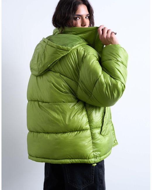 TOPSHOP Green High Shine Ripstop Funnel Neck Puffer Jacket
