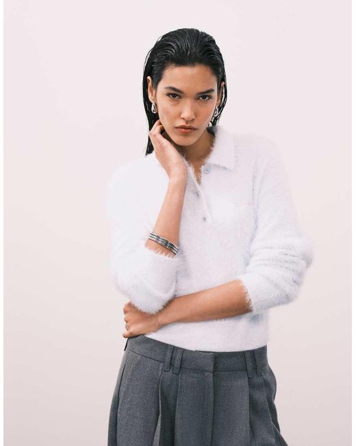 Calvin Klein White Fuzzy Polo Jumper