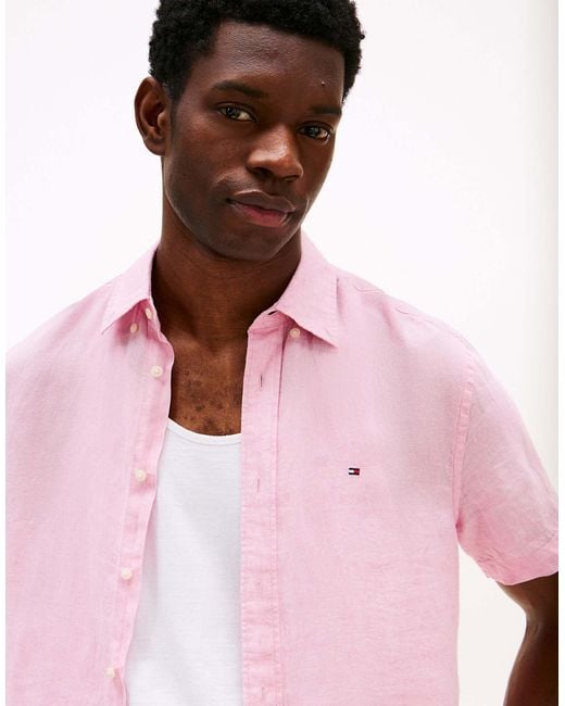 Tommy Hilfiger – kurzärmliges hemd aus leinen in Pink für Herren
