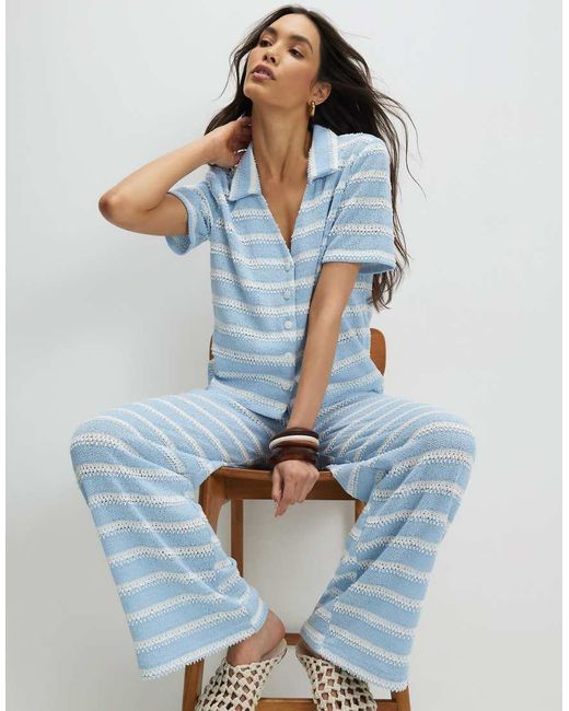 River Island Blue Striped Crochet Wide Leg Trousers