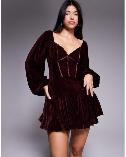 ASOS Purple Velvet Corset Detail Blouson Sleeve Mini Dress