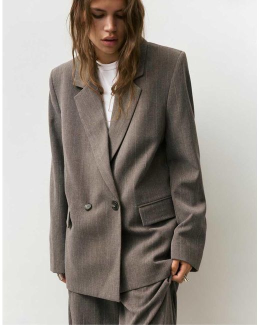 Pull&Bear Gray Striped Double-breasted Blazer