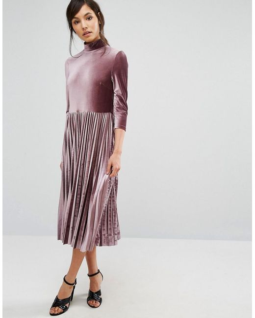 Oasis Pleated Velvet Midi Dress in Pink | Lyst UK