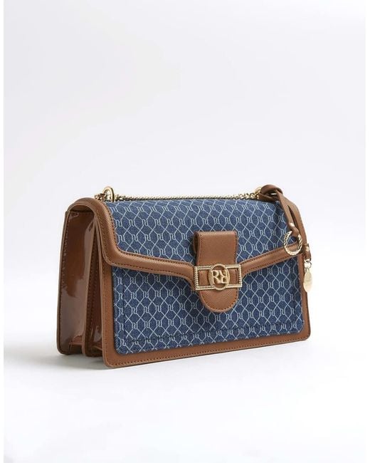 River Island Blue Monogram Denim Shoulder Bag