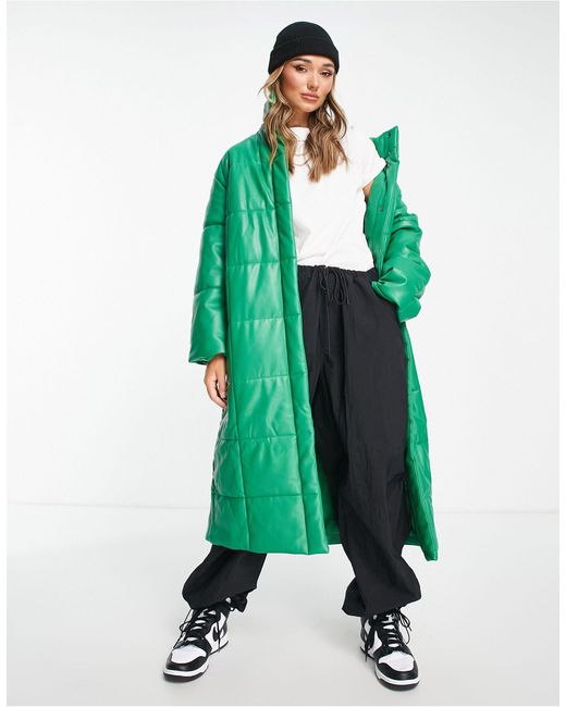 ASOS Faux Leather Square Quilt Longline Coat in Green Lyst