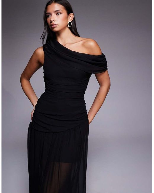 Vestido Largo Fruncido De Chifón Con Hombro Caído, Bajo Asimétrico Y Transparente De Fashionkilla de color Blue