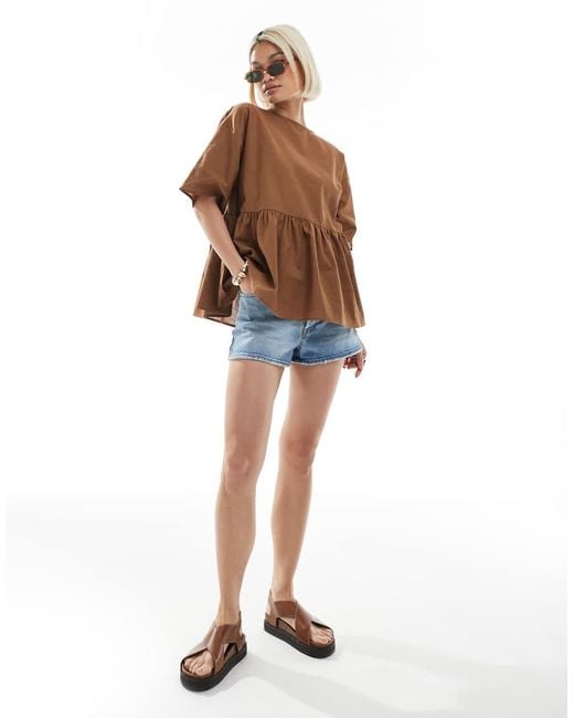 ASOS Aangerimpelde Oversized Blouse Met Linnenlook En Peplum En Korte Mouwen in het White
