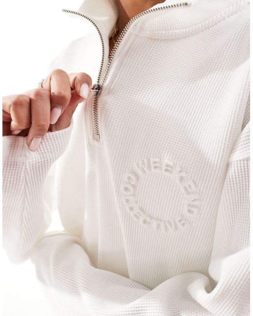 ASOS White Asos Design Weekend Collective Waffle Half Zip Lightweight Sweatshirt