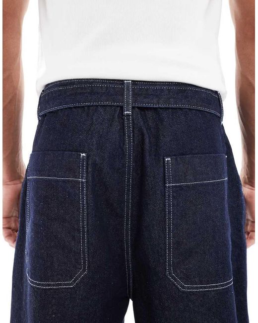 Vaqueros De Pernera Ancha Con Pinzas Y Cinturón Anudado De Denim Crudo De -Azul ASOS de hombre de color Blue